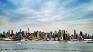 The view of Weehawken from a boat.