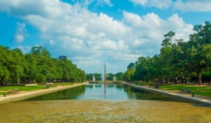 A park and fountain in the woodlands
